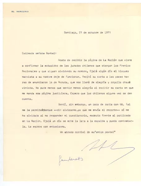 [Carta] 1971 oct. 21, Santiago, Chile [a] María Luisa Bombal  [manuscrito] Luis Alberto Ganderats.