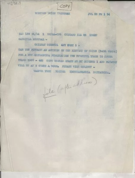 [Telegrama] [1947?] July 26, Chicago, [Illinois, EE.UU.] [a] Gabriela Mistral  [manuscrito] Walter Yust.