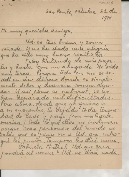[Carta] 1944 oct. 22, Sao Paulo, [Brasil] [a] Gabriela Mistral  [manuscrito] Marion Terra.