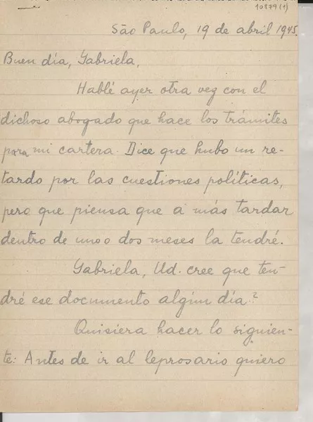 [Carta] 1945 abr. 19, São Paulo, [Brasil] [a] Gabriela [Mistral]  [manuscrito] Marion [Terra].