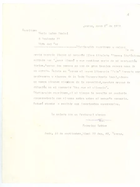 [Carta] 1978 may. 20. Osorno, Chile [a] María Luisa Bombal  [manuscrito] Federico Tatter.