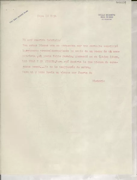 [Carta] 1954 mayo 18, [San Isidro], [Argentina] [a] Gabriela [Mistral]  [manuscrito] Victoria [Ocampo].