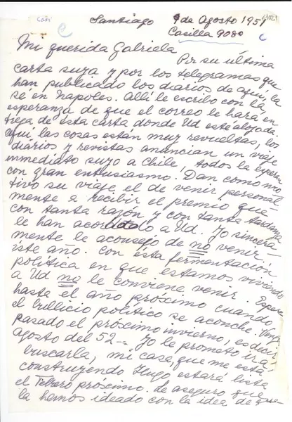 [Carta] 1951 ago. 9, Santiago [a] Gabriela Mistral  [manuscrito] Carmela Echeñique de Errázuriz.