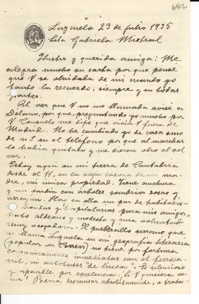 [Carta] 1935 jul. 23, Luzmela, [España] [a] Gabriela Mistral  [manuscrito] Concha Espina.