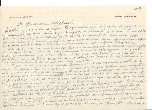 [Carta] 1936 mar. 30, Madrid, [España] [a] Gabriela Mistral  [manuscrito] Concha Espina.