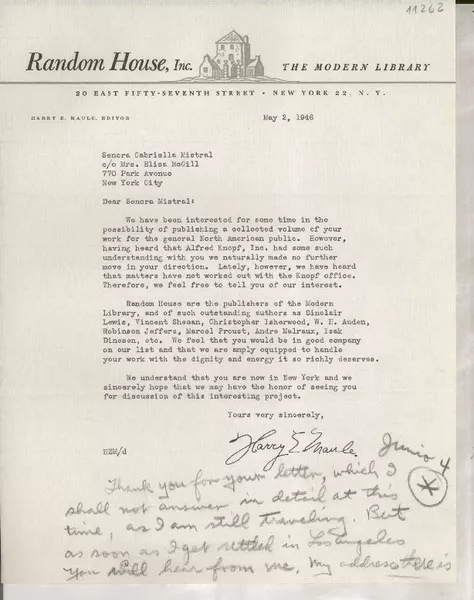 [Carta] 1946 May 2, New York [a] Gabriela Mistral, New York  [manuscrito] Harry E. Maule.
