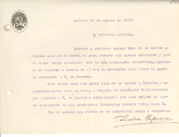 [Carta] 1933 ago. 26, Luzmela, [España] [a] Gabriela Mistral  [manuscrito] Concha Espina.