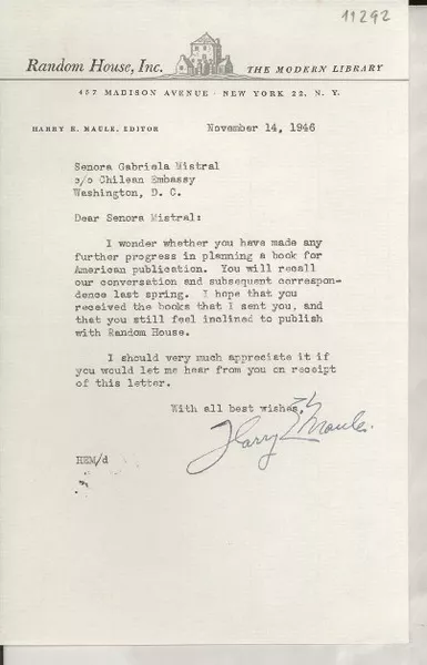 [Carta] 1946 Nov. 14, New York [a] Gabriela Mistral, Washington D. C.  [manuscrito] Harry E. Maule.