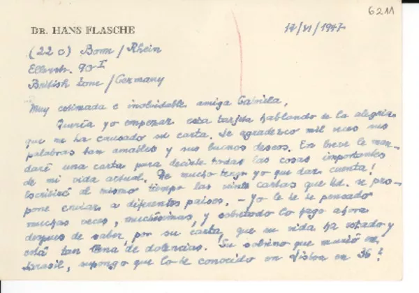 [Tarjeta] 1947 jun. 17, Bonn, [Alemania] [a] Gabriela [Mistral]  [manuscrito] Hans Flasche.