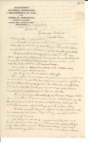 [Carta] 1933 ene. 20, Santiago [a] Gabriela Mistral, Puerto Rico  [manuscrito] Virgilio Figueroa.