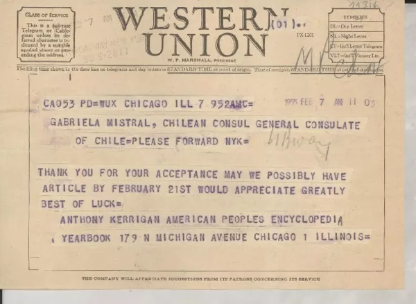 [Telegrama] 1955 Feb. 7, Chicago, Illinois [a] Gabriela Mistral, New York  [manuscrito] Anthony Kerrigan.