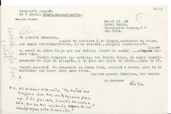 [Carta] 1946 mar. 25, New York [a] Gabriela [Mistral]  [manuscrito] Waldo Frank.