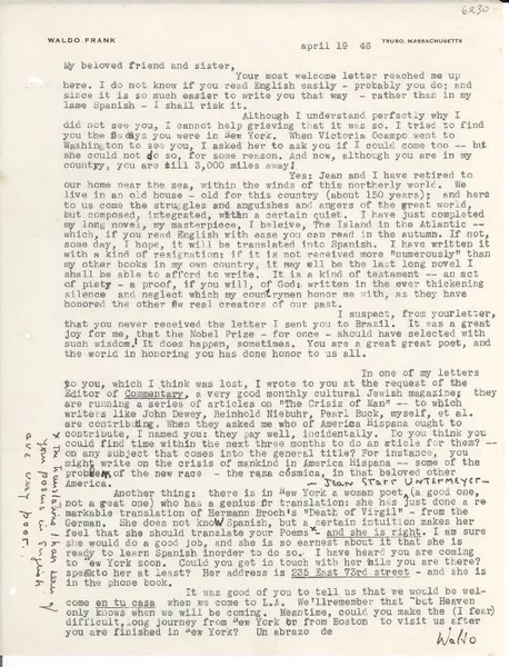 [Carta] 1946 Apr. 19, Truro, Massachusetts [a] [Gabriela Mistral]  [manuscrito] Waldo Frank.