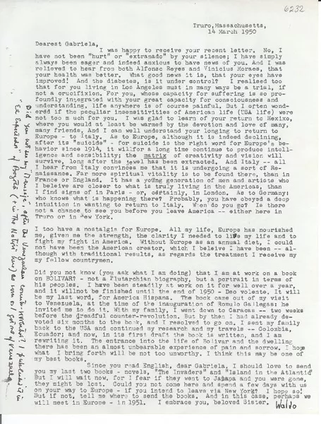 [Carta] 1950 Nov. 14, Truro, Massachusetts, [EE.UU.] [a] Gabriela [Mistral]  [manuscrito] Waldo [Frank].