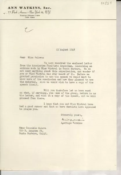 [Carta] 1948 Aug. 11, [New York, EE.UU.] [a] Consuelo Saleva, Santa Barbara, California  [manuscrito] Armitage Watkins.