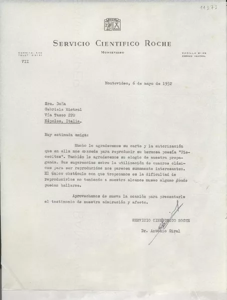 [Carta] 1952 mayo 6, Montevideo, [Uruguay] [a] Gabriela Mistral, Nápoles, Italia  [manuscrito] Antonio Giral.