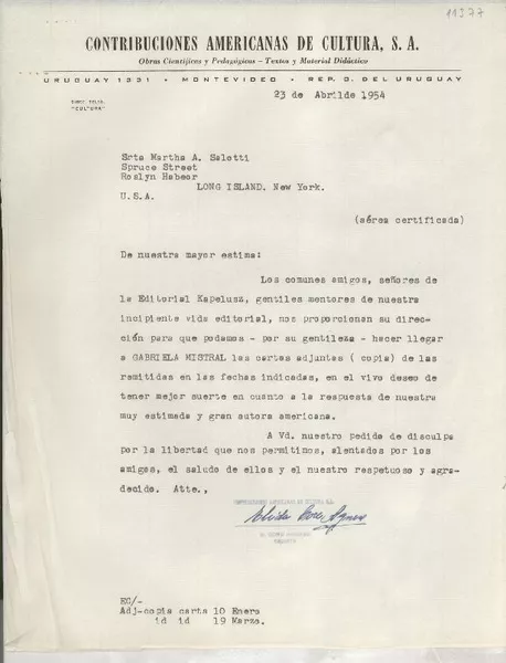 [Carta] 1954 abr. 23, Montevideo, Uruguay [a] Martha A. Salotti, Long Island, New York  [manuscrito] Elida Core Agnese.