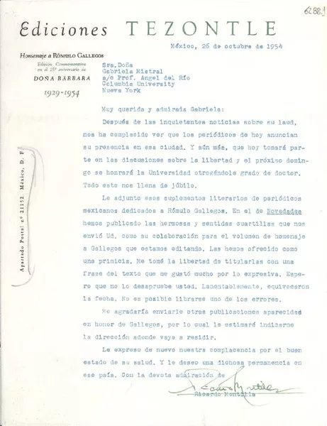 [Carta] 1954 oct. 26, México [a] Gabriela Mistral, Nueva York.  [manuscrito] Ricardo Montilla.