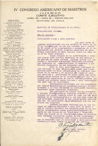 [Carta] 1943 feb. 10, Santiago de Chile [a] Gabriela Mistral, Río de Janeiro  [manuscrito] César Godoy Urrutia.