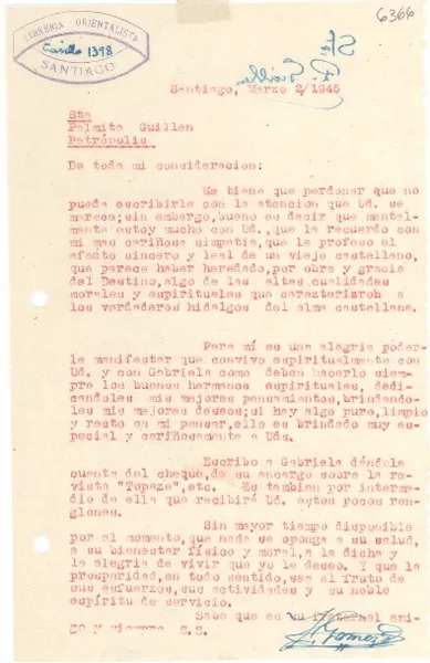 [Carta] 1945 mar. 2, Santiago, [Chile] [a] Palmita Guillén, Petrópolis, [Brasil]  [manuscrito] Z[acarías] Gómez D.