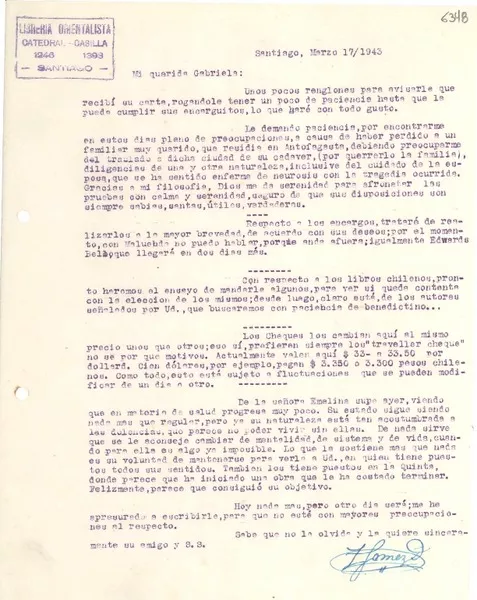 [Carta] 1943 mar. 17, Santiago [a] Gabriela Mistral  [manuscrito] Zacarías Gómez.