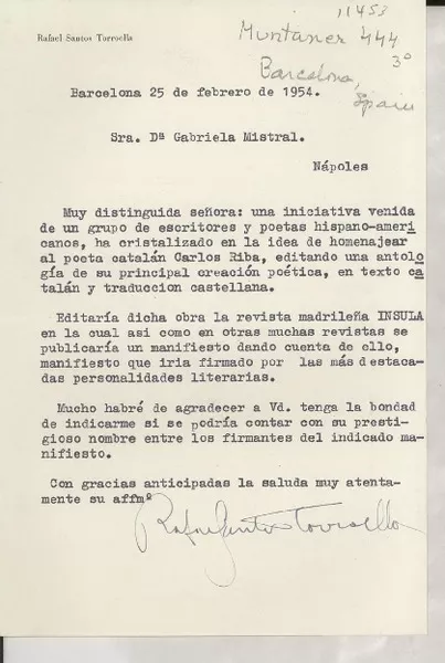 [Carta] 1954 feb. 25, Barcelona, [España] [a la] Sra. Doña Gabriela Mistral, Nápoles, [Italia]  [manuscrito] Rafael Santos Torroella.