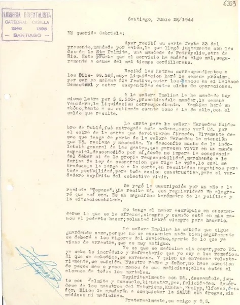 [Carta] 1944 jun. 28, Santiago [a] Gabriela Mistral  [manuscrito] Zacarías Gómez.