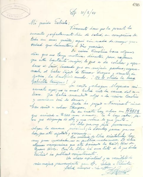 [Carta] 1944 ago. 31, Santiago [a] Gabriela Mistral  [manuscrito] Zacarías Gómez.