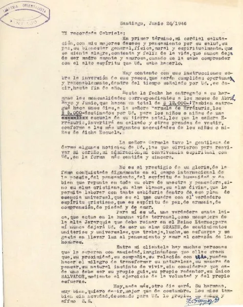 [Carta] 1946 jun. 26, Santiago [a] Gabriela Mistral  [manuscrito] Zacarías Gómez.