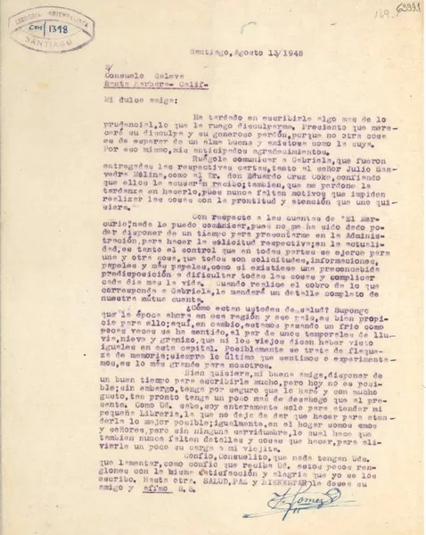 [Carta] 1948 ago. 13, Santiago [a] Consuelo Saleva, Santa Bárbara  [manuscrito] Zacarías Gómez.