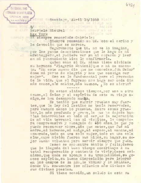 [Carta] 1955 abr. 18, Santiago, [Chile] [a] Gabriela Mistral, New York  [manuscrito] Z[acarías] Gómez D.
