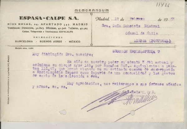 Memorándum 1936 feb. 26, Madrid, [España] [a la] Sra. Doña Gabriela Mistral, Cónsul de Chile, Lisboa, Portugal  [manuscrito] Espasa Calpe S.A.