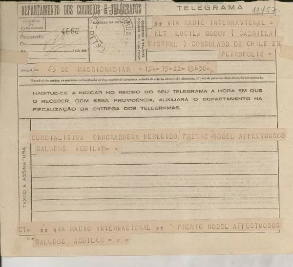 Telegrama 1945 nov. 23, Madrid, [España] [a] Lucila Godoy (Gabriela Mistral), Consulado de Chile en Petrópolis  [manuscrito] Aguilar.