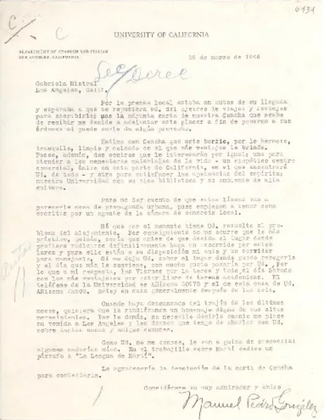 [Carta] 1946 mar. 28, Los Angeles, California [a] Gabriela Mistral, Los Angeles, Calif[ornia]  [manuscrito] Manuel Pedro González.