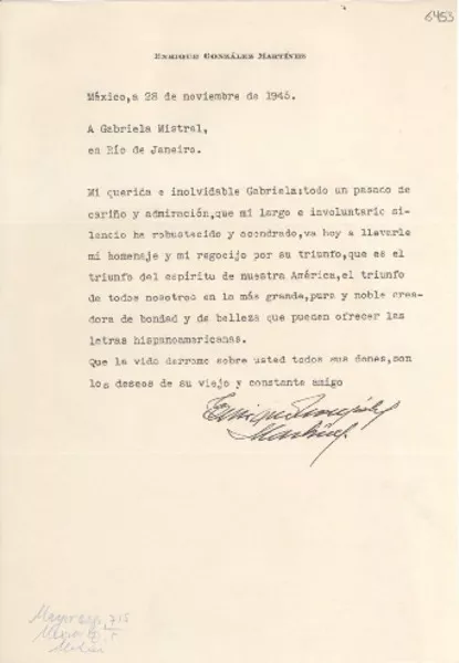 [Carta] 1945 nov. 28, México [a] Gabriela Mistral, Río de Janeiro  [manuscrito] Enrique González Martínez.