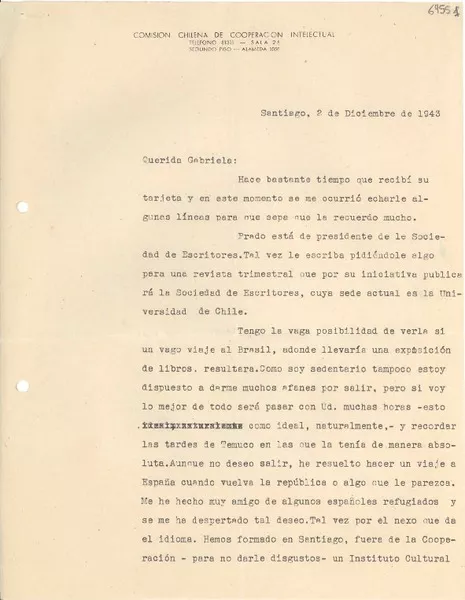 [Carta] 1943 dic. 2, Santiago [a] Gabriela Mistral  [manuscrito] González Vera.