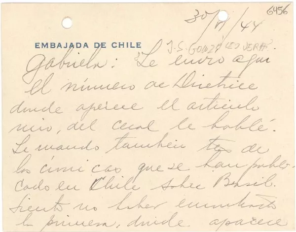 [Carta] 1944 [a] Gabriela Mistral  [manuscrito] J. Santos G.