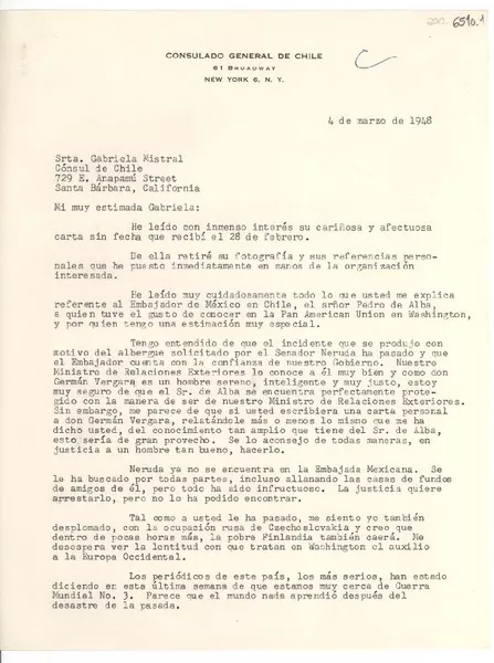 [Carta] 1948 mar. 4, New York [a] Gabriela Mistral, Santa Bárbara, California  [manuscrito] Alfonso Grez.