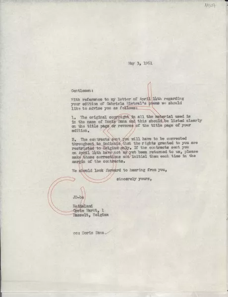 [Carta] 1961 May 3, [EE.UU.] [a] Heideland, Hasselt, Belgium  [manuscrito] [Joan Daves].