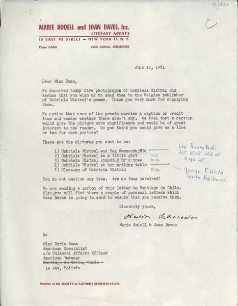 [Carta] 1961 June 12, New York, [EE.UU.] [a] Miss [Doris] Dana, American Embassy, La Paz, Bolivia  [manuscrito] Karin Schroeder.