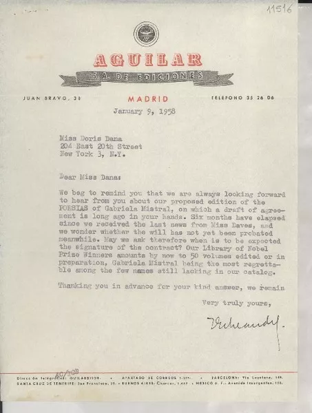 [Carta] 1958 Jan. 9, Madrid, [España] [a] Miss Doris Dana, 204 East 20th Street, New York 3, N. Y.  [manuscrito] Aguilar S. A. de Ediciones.