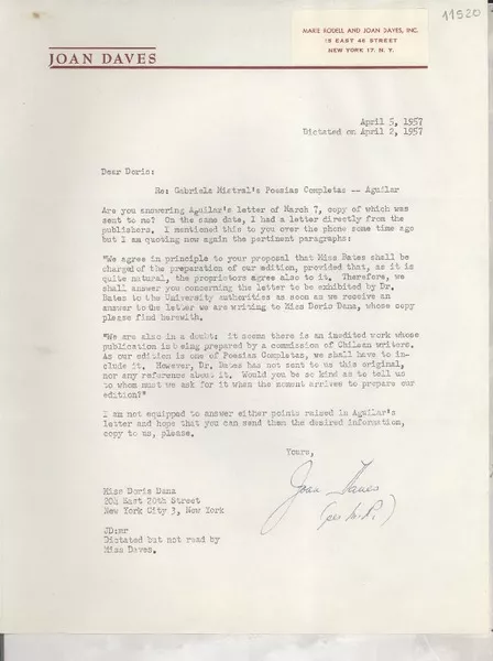 [Carta] 1957 Apr. 5, [New York, Estados Unidos] [a] Miss Doris Dana 204 East 20th Street, New York City 3, New York  [manuscrito] Joan Daves.