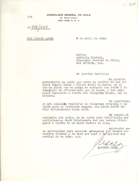 [Carta] 1946 abr. 5, New York, [Estados Unidos] [a] Gabriela Mistral, Los Angeles, Calif[ornia]  [manuscrito] Alfonso Grez.