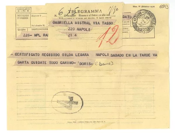 [Telegrama] 1952 jul. 4, Rapallo [a] Gabriela Mistral, Nápoles  [manuscrito] Doris Dana.