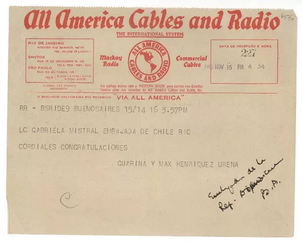 [Telegrama] 1945 nov. 16, Buenos Aires, [Argentina] [a] Gabriela Mistral, Rio de Janeiro, [Brasil]  [manuscrito] Max Henríquez Ureña.