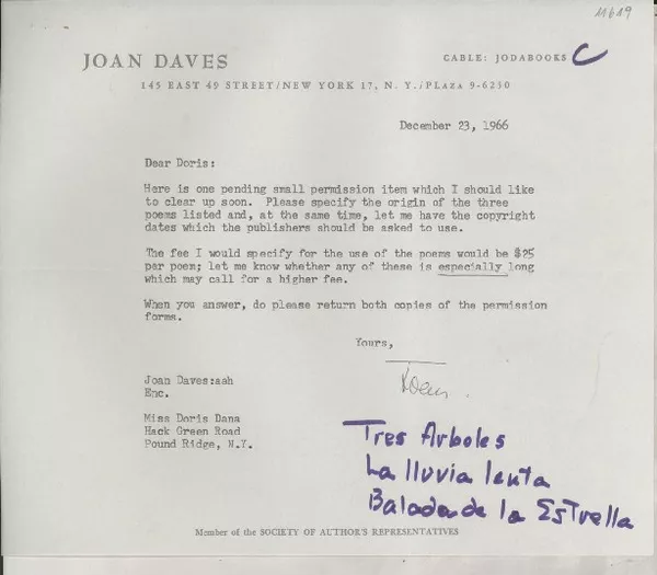 [Carta] 1966 Dec. 23, [New York], [EE.UU.] [a] Miss Doris Dana, Hack Green Road, Pound Ridge, N.Y., [EE.UU.]  [manuscrito] Joan Daves.