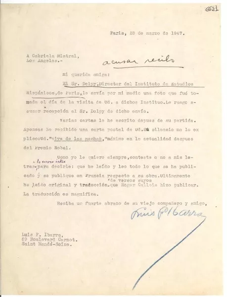 [Carta] 1947 mar. 25, París [a] Gabriela Mistral, Los Ángeles  [manuscrito] Luis F. Ibarra.