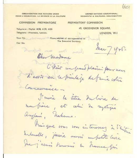 [Carta] 1946 mai, London, [England] [a] [Gabriela Mistral]  [manuscrito] Julian Huxley.