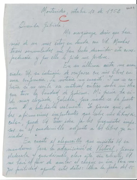 [Carta] 1952 oct. 10, Montevideo, [Uruguay] [a] Gabriela Mistral  [manuscrito] Sara de Ibáñez.
