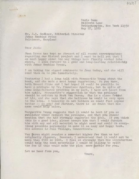 [Carta] 1970 May 27, Hildreth Lane, Bridgehampton, New York [a] Mr. J. G. Goellner, Editorial Director Johns Hopkins Press, Baltimore, Maryland  [manuscrito] Doris Dana.